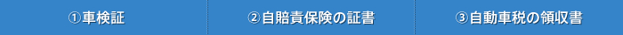 ①車検証　②自賠責保険の証書 ③自動車税の領収書 